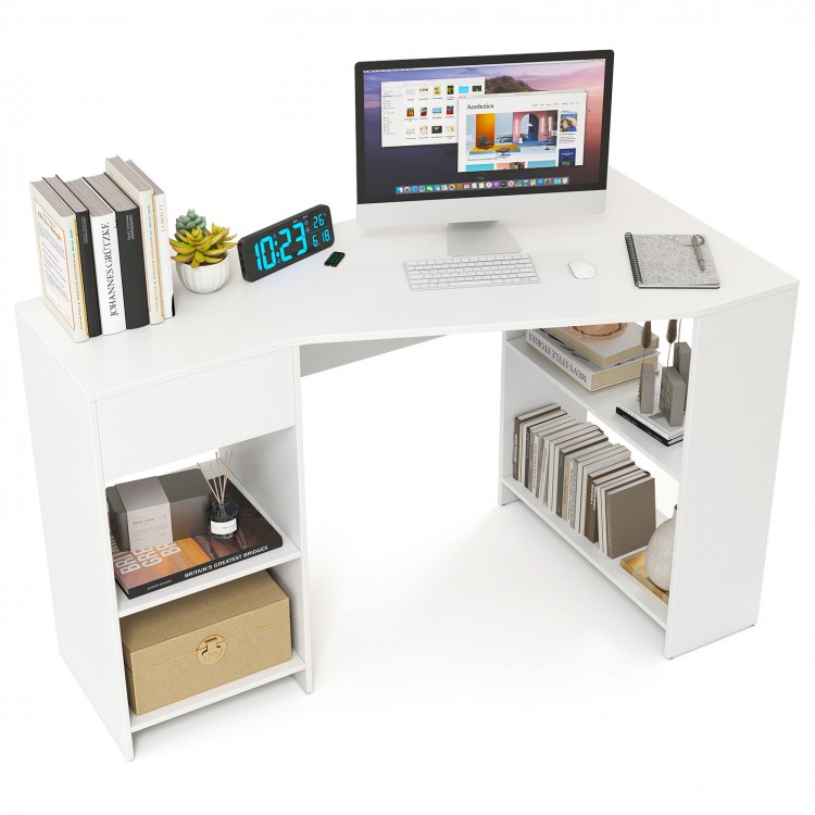 L-shaped white computer desk with spacious drawer and shelves, ideal for work, study, or gaming in compact spaces.