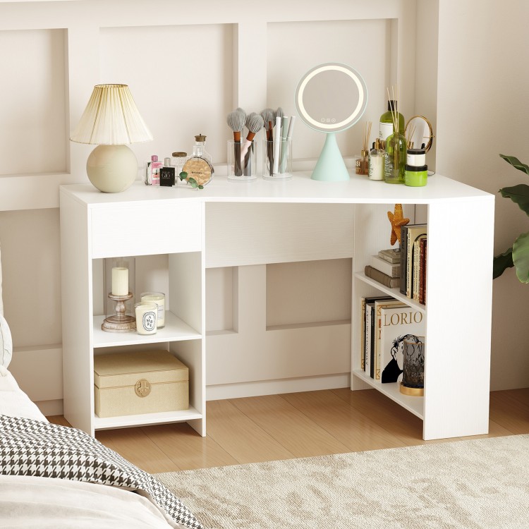 L-shaped white corner desk with shelves and drawer, ideal for workspace, gaming, or vanity use.