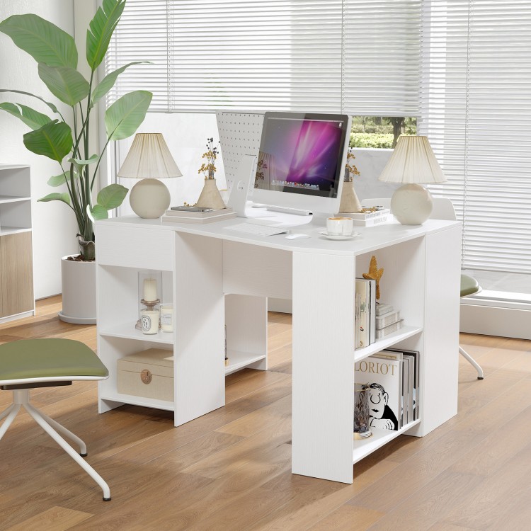 L-shaped white computer desk with storage shelves and drawer, ideal for workspace, gaming, or studying.