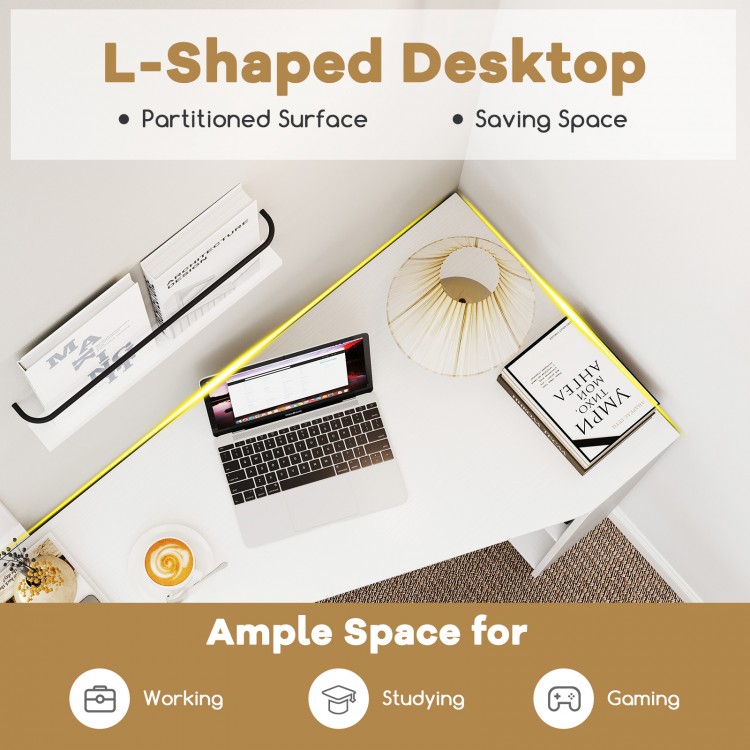 L-shaped 48-inch white corner desk with partitioned surface, drawer, and shelves for working, studying, or gaming.
