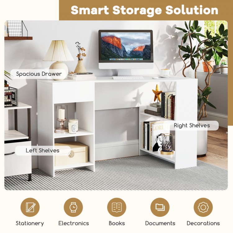 L-shaped white computer desk featuring spacious storage drawer and side shelves, perfect for studying or gaming in.