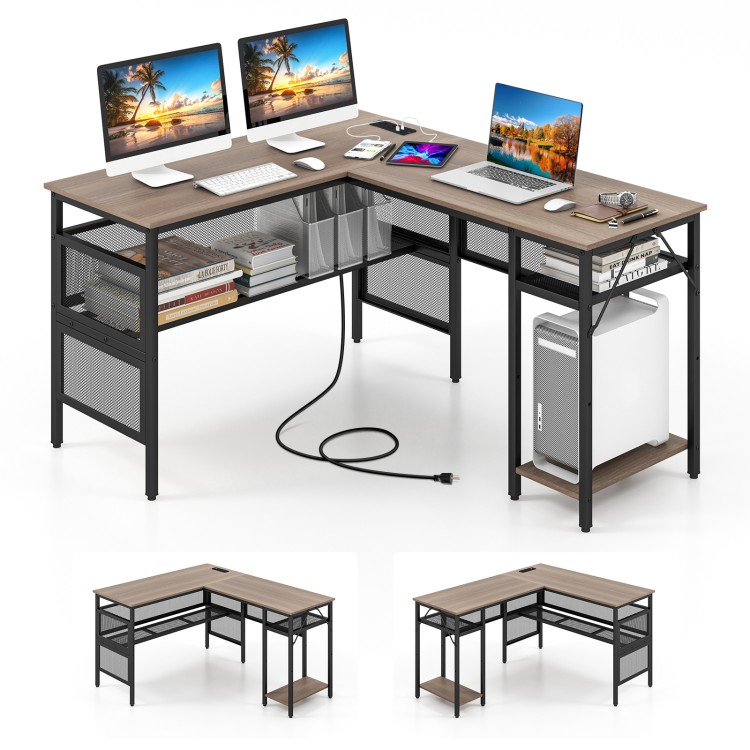 L-shaped computer desk in gray with charging station, adjustable shelf, and ample storage for home office use.