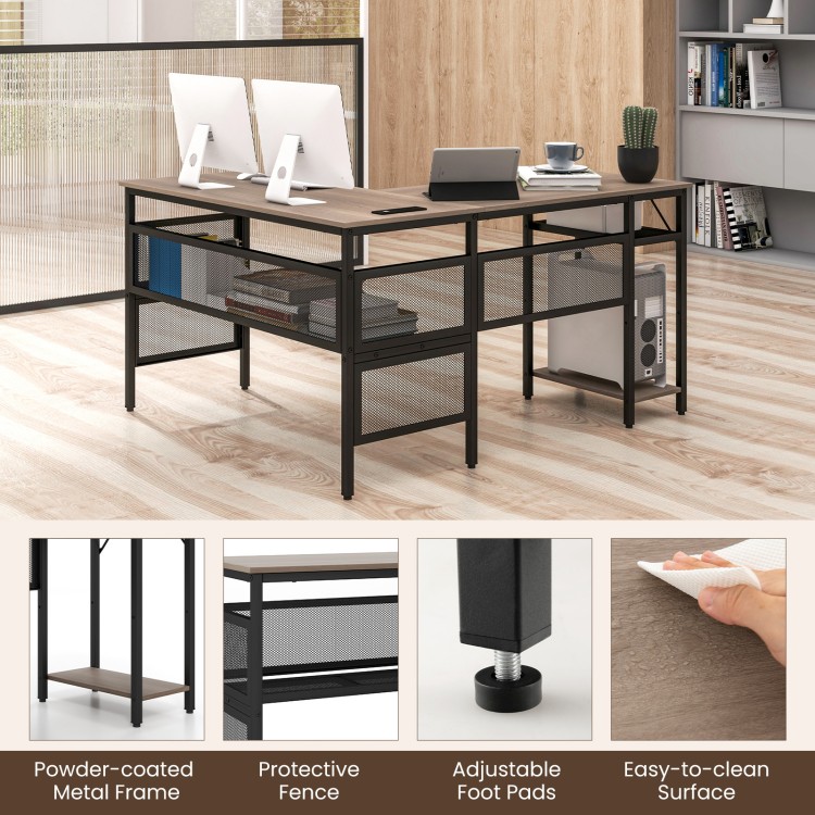 L-shaped computer desk with gray finish, featuring a metal frame, adjustable shelf, and built-in charging station for.