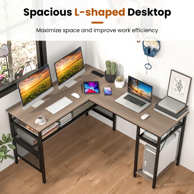 L-shaped computer desk in gray with charging station, adjustable shelf, and spacious design for efficient workspace.