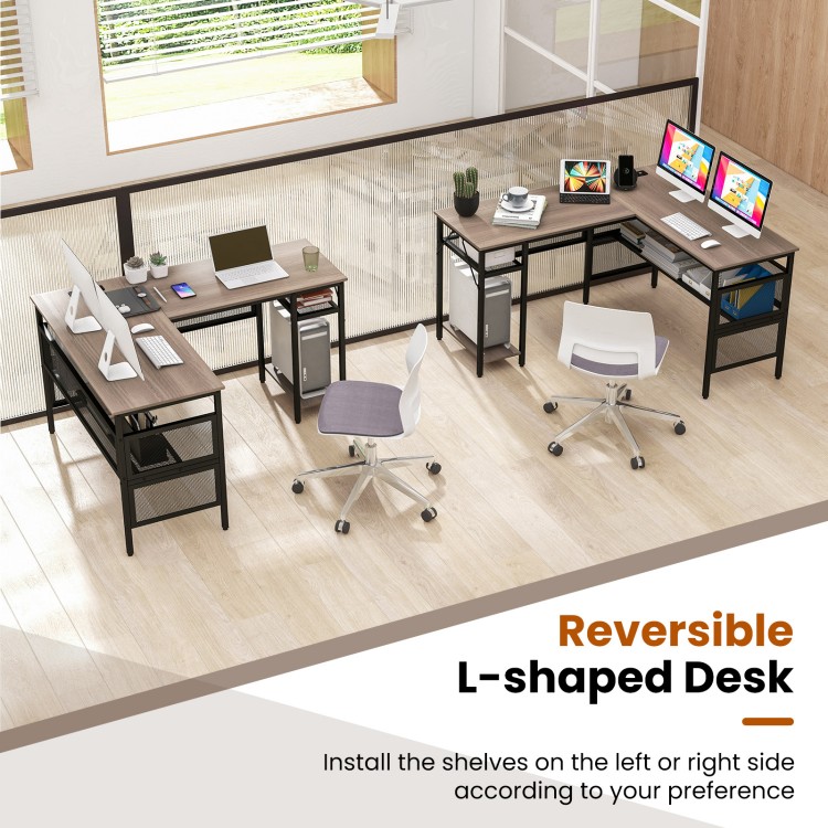 L-shaped computer desk in gray with large desktop and mesh shelves for organized office supplies and efficient.