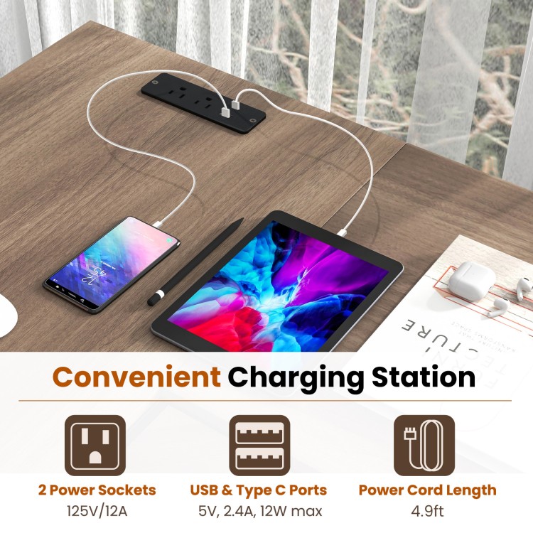 L-shaped computer desk in gray featuring a charging station with 3 power sockets and 2 USB ports for convenient use.