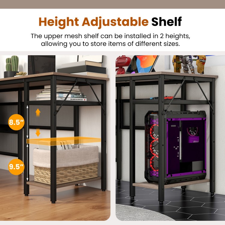 Height adjustable shelf of L-shaped computer desk in gray, showcasing two height options for versatile storage.