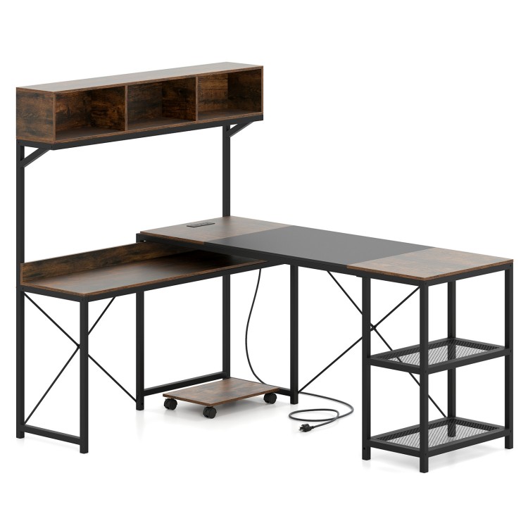 L-shaped computer desk with storage hutch, power outlets, and metal frame for a tidy workspace and flexible placement.