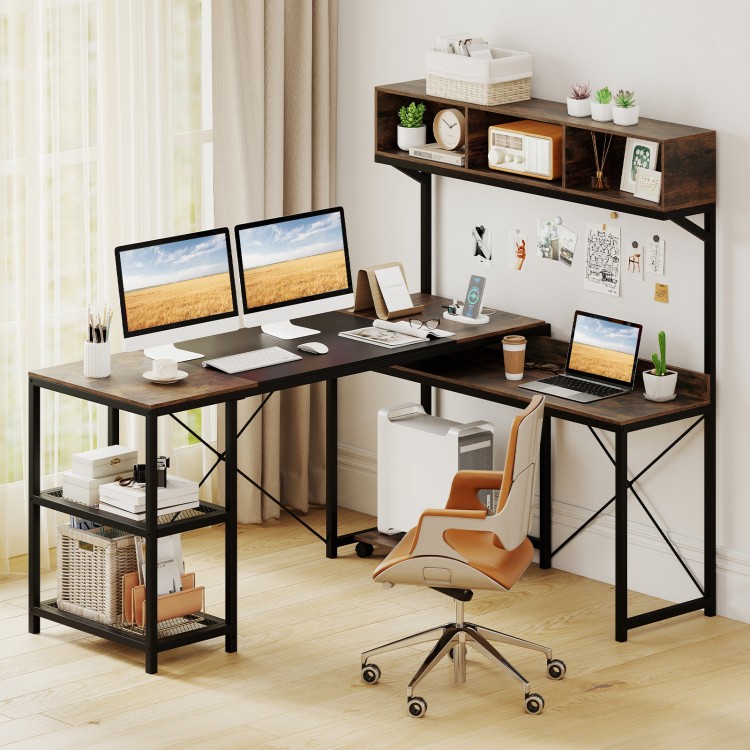 L-shaped computer desk with power outlets, brown finish, featuring a storage hutch and ample workspace for organization.
