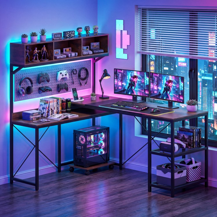 L-shaped computer desk with power outlets, brown finish, featuring a storage hutch and ample workspace for gaming or.
