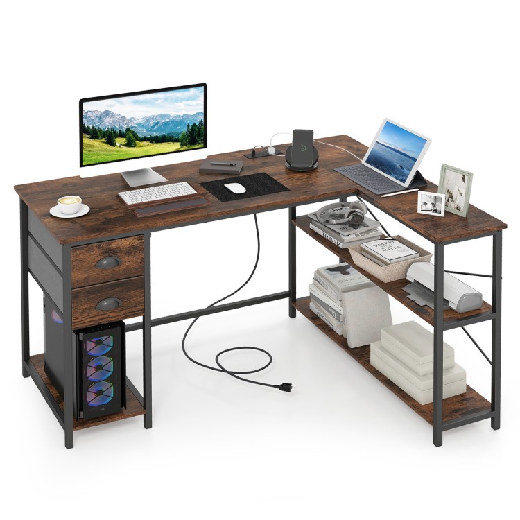 L-shaped desk in rustic brown with charging station, open shelves, and two fabric drawers for versatile workspace use.