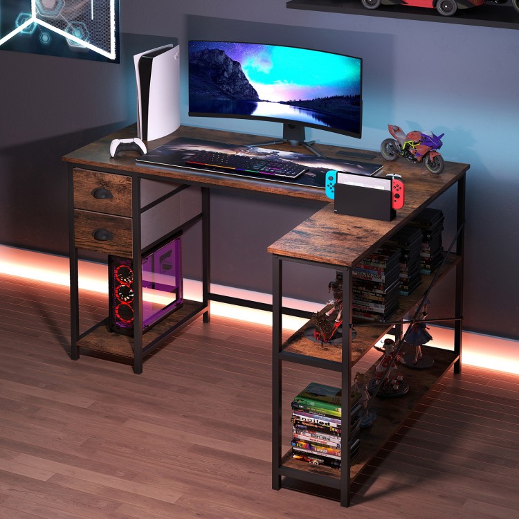 L-shaped desk in rustic brown with charging station, open shelves, and two fabric drawers for versatile workspace.