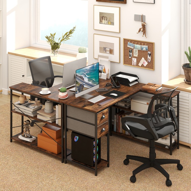 L-shaped desk in rustic brown with charging station, two fabric drawers, and open shelves for ample workspace.