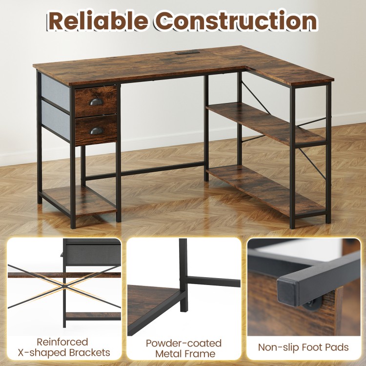 L-shaped desk in rustic brown with charging station, 2 fabric drawers, and open shelves for versatile workspace.