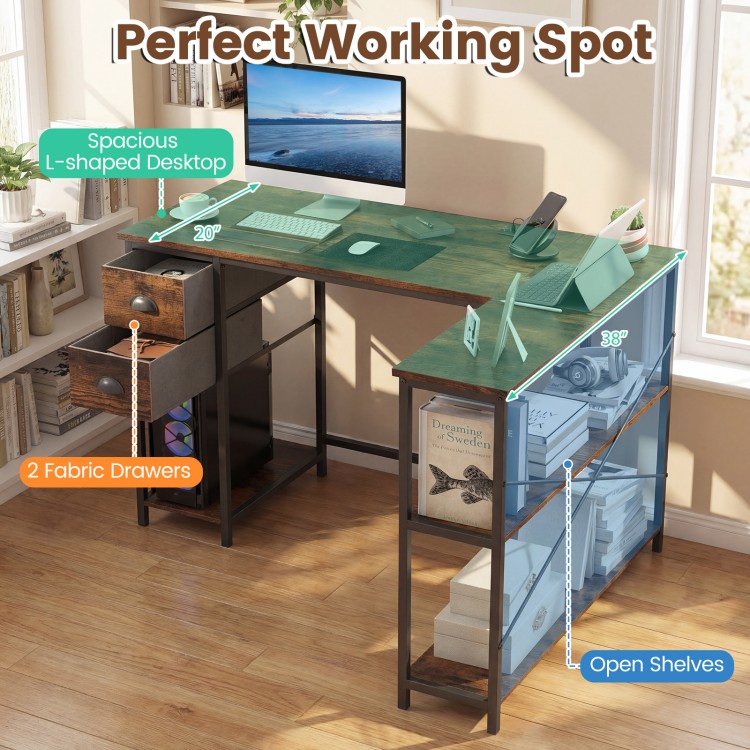 L-shaped desk in rustic brown with spacious desktop, open shelves, and 2 fabric drawers for versatile workspace.