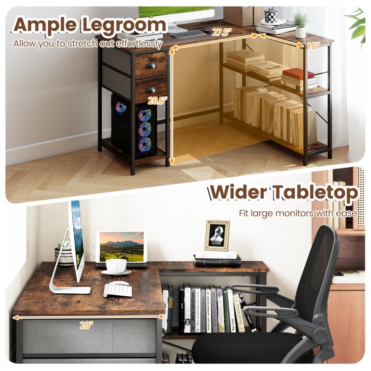 L-shaped desk in rustic brown with spacious tabletop, charging station, and ample legroom for comfortable workspace.