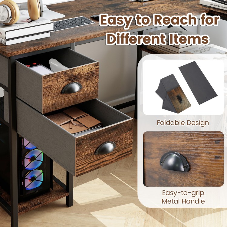L-shaped desk in rustic brown with two fabric drawers and built-in charging station for versatile workspace.