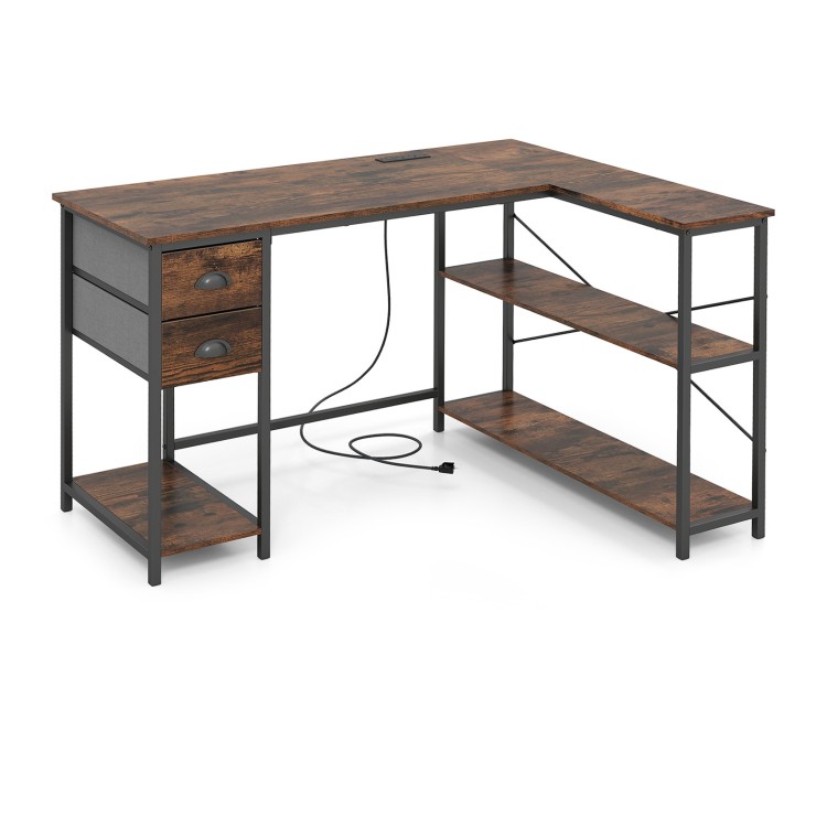 L-shaped desk in rustic brown with charging station, 2 fabric drawers, and open shelves for versatile workspace use.