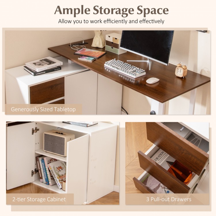 L-shaped desk with file cabinet, featuring a spacious tabletop, 2-tier storage, and 3 pull-out drawers for organized.