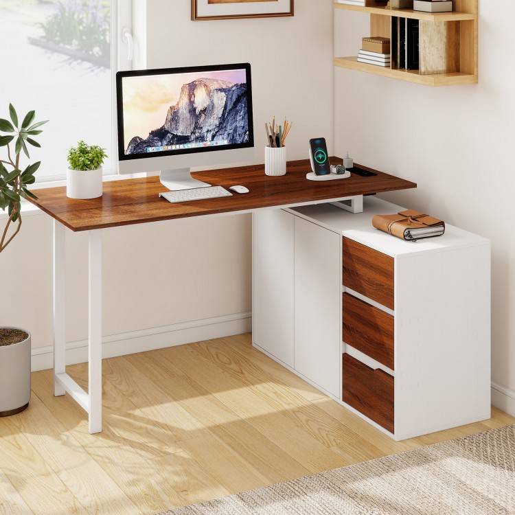 L-shaped desk with file cabinet, power outlet, and reversible design for flexible workspace organization.
