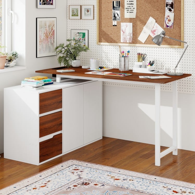 L-shaped desk with a reversible design, featuring a file cabinet, power outlet, and organized storage for a tidy.