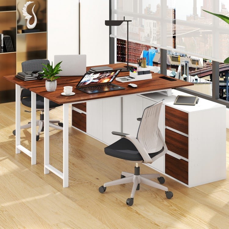L-shaped desk with file cabinet and power outlet, featuring a reversible design and spacious workspace for organized.