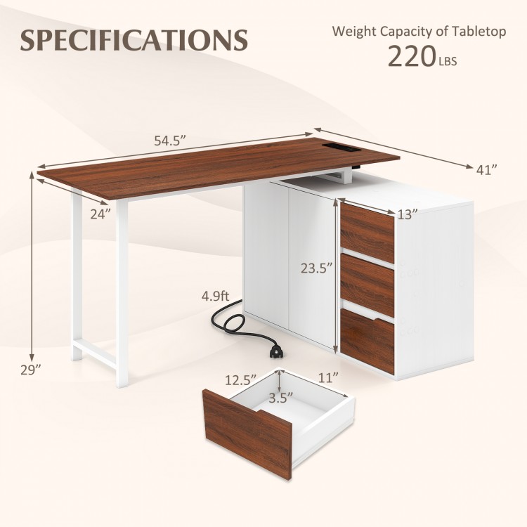 L-shaped desk with file cabinet, featuring a reversible design, power outlet, and spacious 54.5" tabletop for organized.