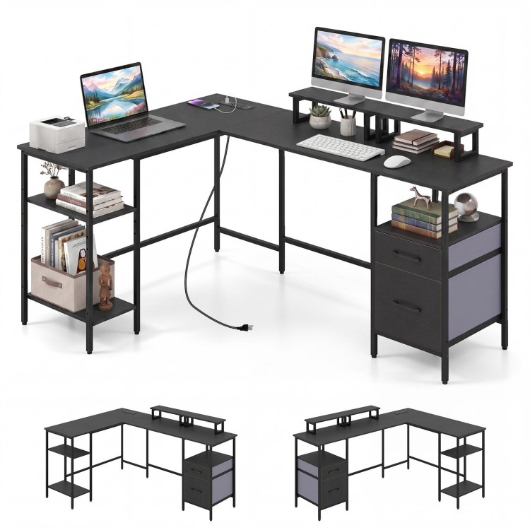 L-shaped black desk with monitor stands, open shelves, and power outlet for versatile office organization.