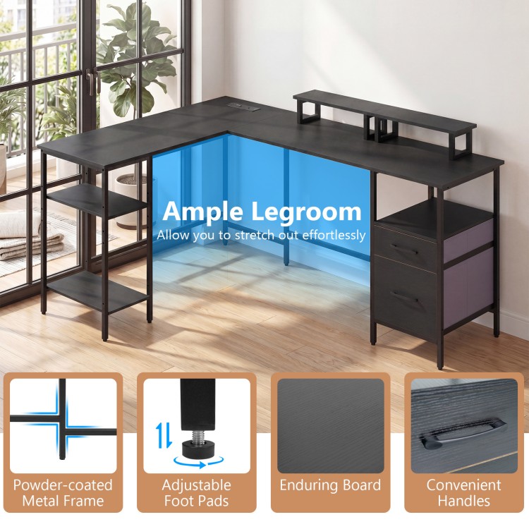 L-shaped desk with spacious surface, adjustable shelves, and built-in power outlet for versatile office use.