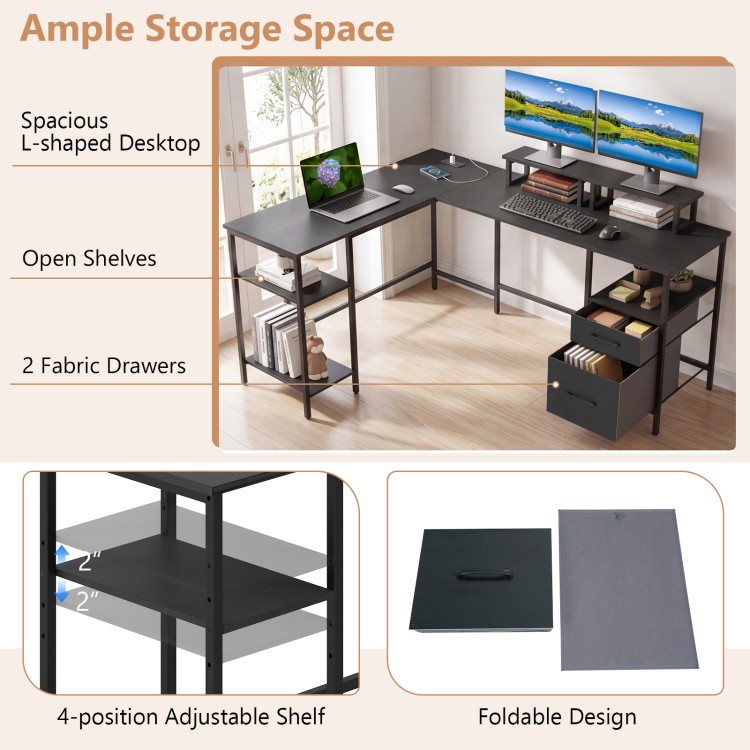 L-shaped desk with spacious desktop, adjustable shelf, and fabric drawers, ideal for home office or gaming setup.
