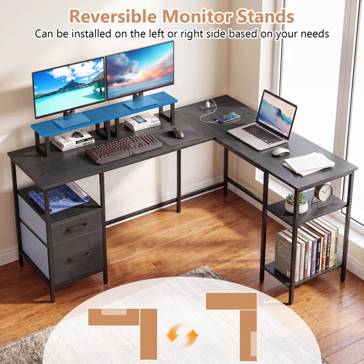 L-shaped desk with reversible monitor stands, built-in power outlet, and spacious storage for office supplies.