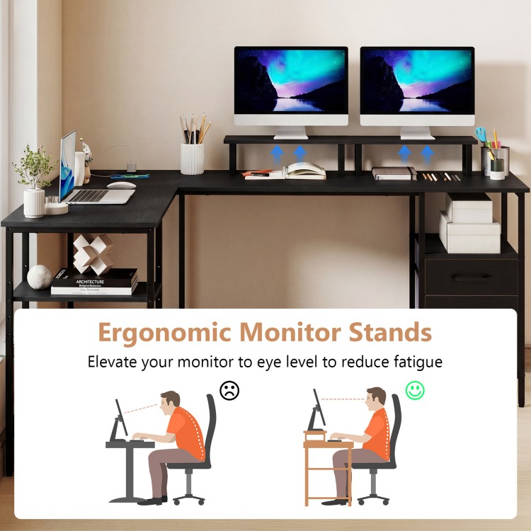 L-shaped desk with reversible monitor stands, ergonomic design, and built-in power outlet for versatile workspace use.