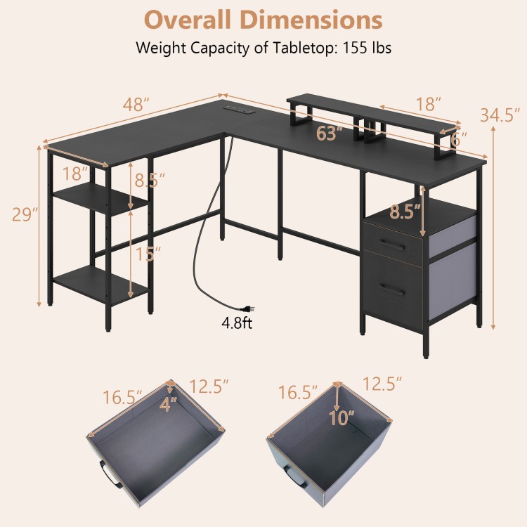 L-shaped black desk with power outlet, adjustable shelves, and monitor stands, ideal for home office or gaming setup.