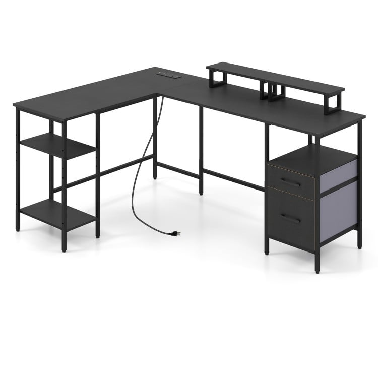 L-shaped black desk with power outlet, adjustable shelves, and monitor stands for versatile office use.
