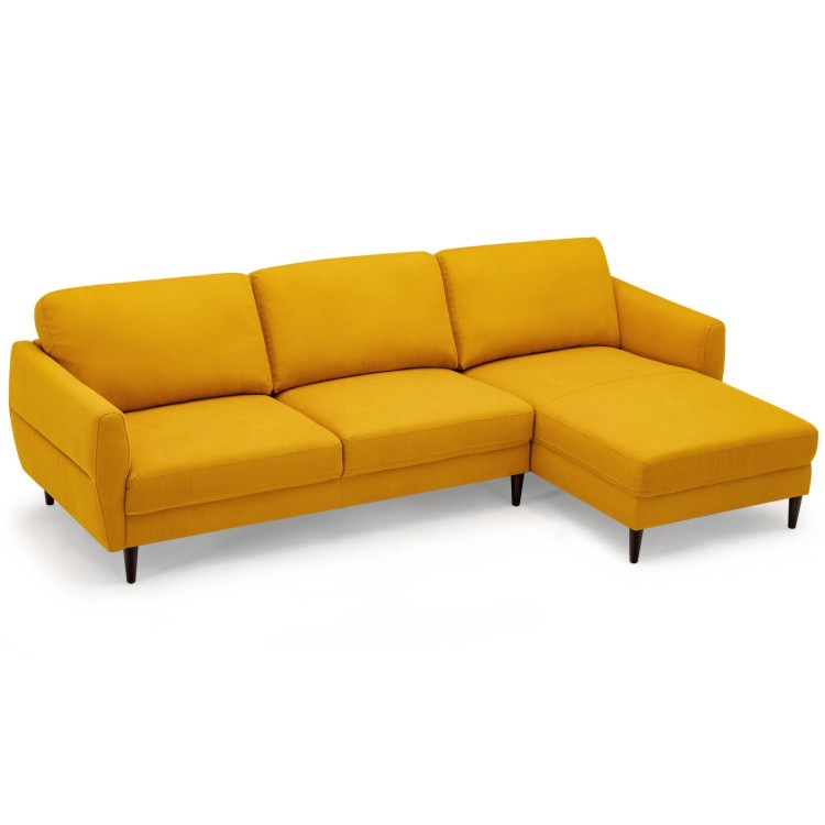 L-shaped yellow fabric sectional sofa with chaise lounge, solid wood legs, and removable, washable cushion covers for.
