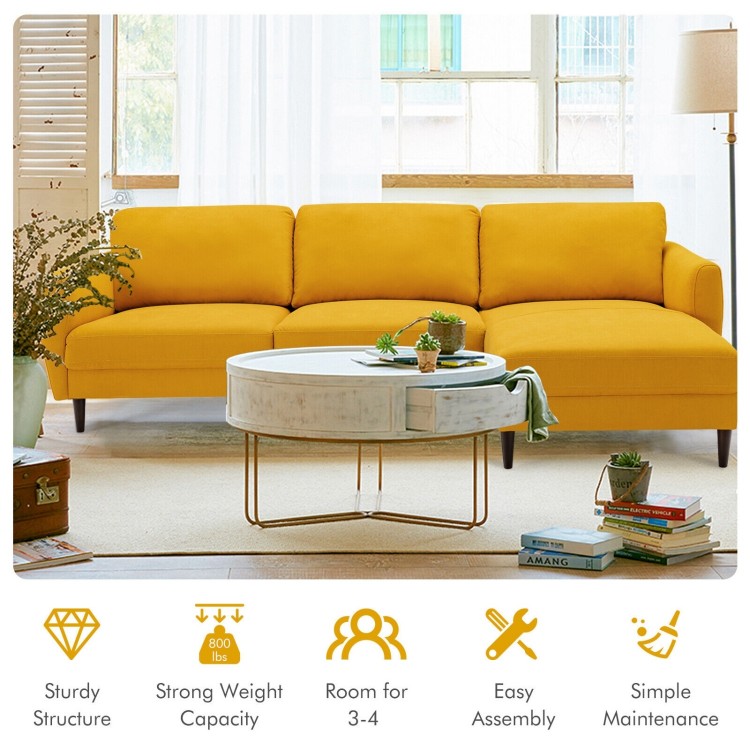 L-shaped yellow fabric sectional sofa with chaise lounge, solid wood legs, perfect for cozy seating for 3-4 people.