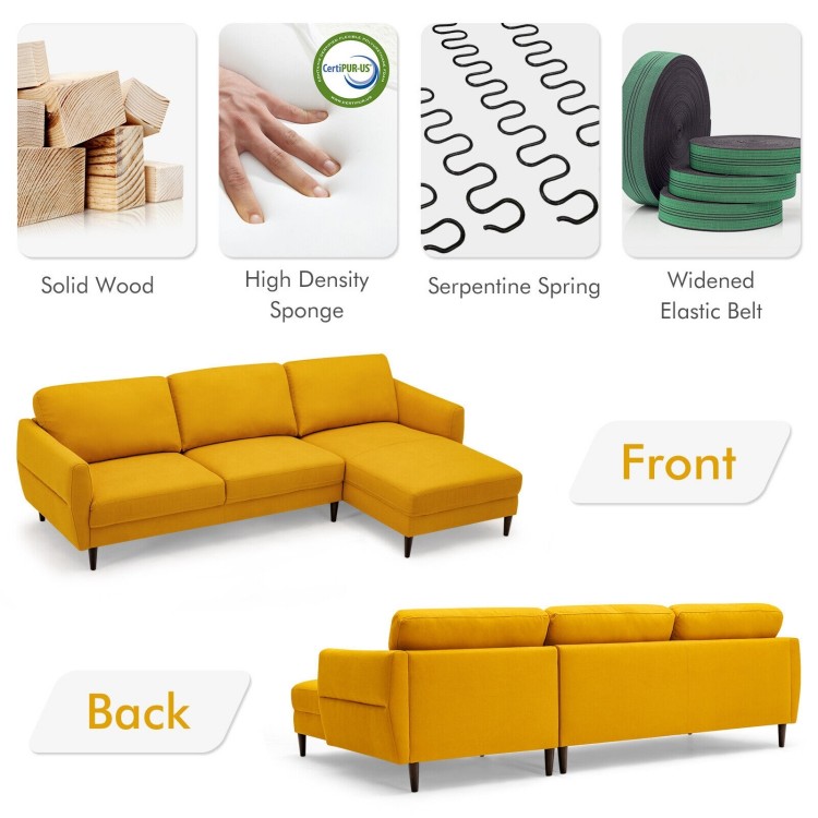 Detail view of the yellow L-shaped fabric sectional sofa highlighting the ergonomic armrest and thick padded cushions.
