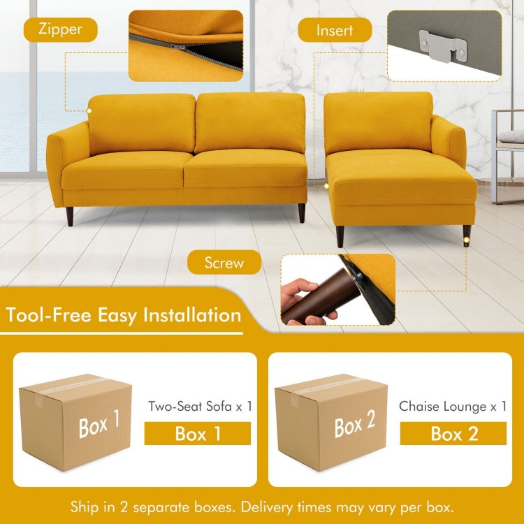 Side view of the yellow L-shaped fabric sectional sofa with chaise lounge, featuring solid wood legs and ergonomic.