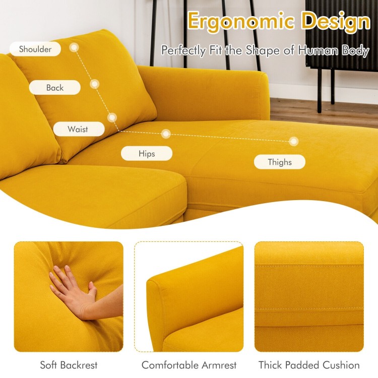 L-shaped yellow fabric sectional sofa with chaise lounge, ergonomic design, soft cushions, perfect for cozy living.