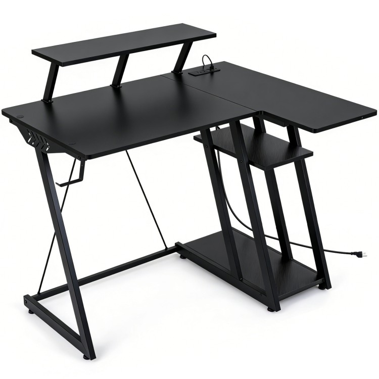 L-shaped gaming desk in black with USB ports, headphone hook, and adjustable foot pads for optimal comfort and.