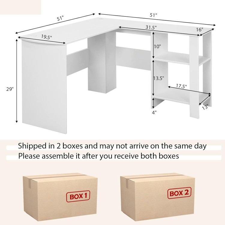 L-shaped white computer desk with 2 cable holes and 2 storage shelves, ideal for corner spaces and organized work.