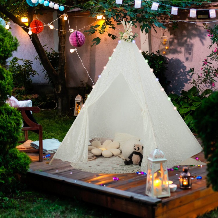 Lace teepee tent with colorful LED lights, perfect for children's play and relaxation in outdoor settings.