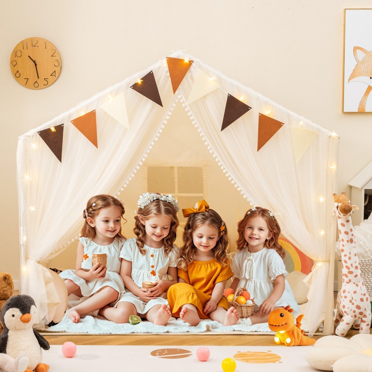 Large beige toddler playhouse tent with door curtains, accommodating 3-4 kids, perfect for reading and playtime.