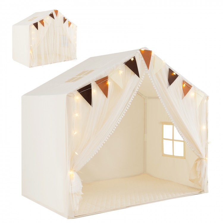 Large beige toddler playhouse tent with door curtains, windows, and colorful flags, perfect for kids' playtime.