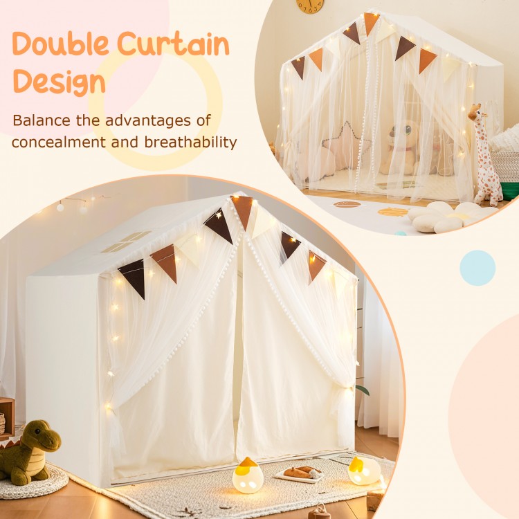 Large beige toddler playhouse tent featuring door curtains, windows, and colorful decorations for kids' fun and privacy.