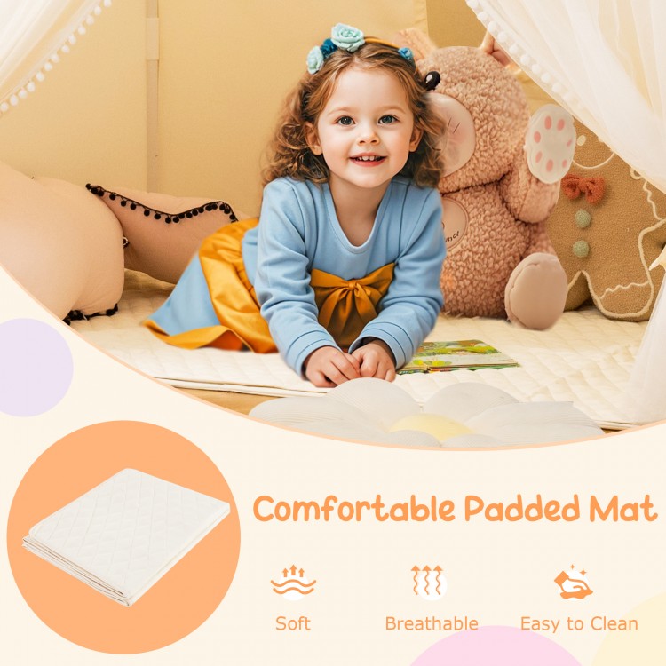 Large toddler playhouse tent with door curtains, featuring a soft, breathable cotton mat for comfortable playtime.