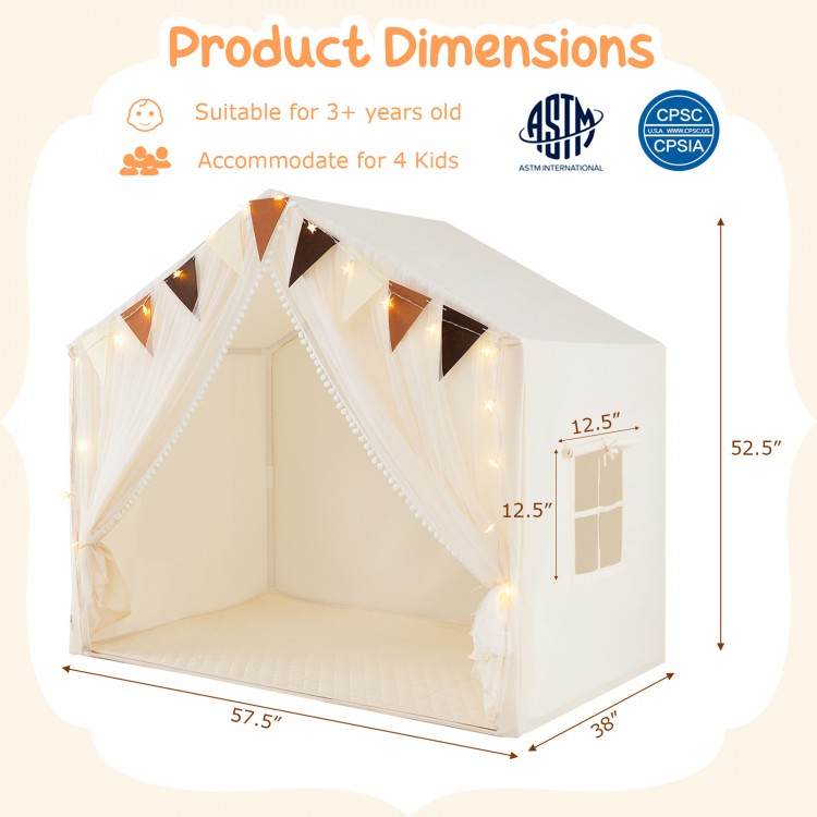 Large beige toddler playhouse tent with door curtains and windows, suitable for 3-4 kids, ideal for indoor play.