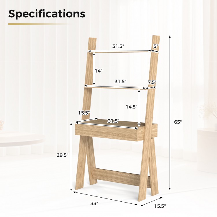 Ladder shelf desk bookcase with natural finish, featuring 2 shelves, a countertop, and a drawer for versatile storage.