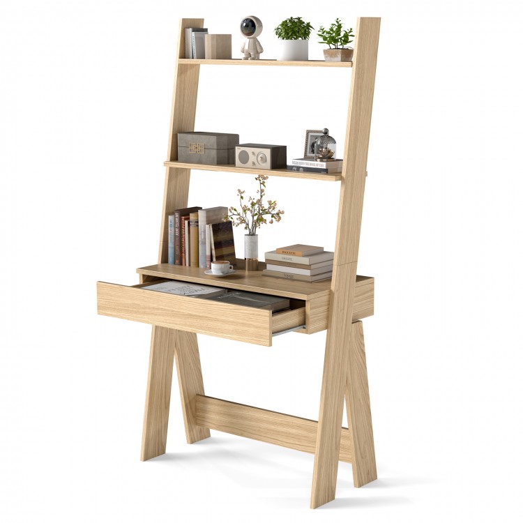 Ladder shelf desk bookcase in natural finish with 2 shelves, countertop, and drawer for versatile storage solutions.