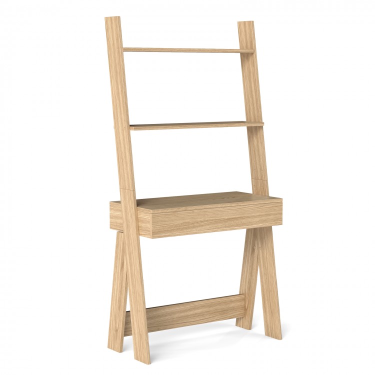 Ladder shelf desk bookcase in natural finish with 2 shelves and drawer, perfect for corner storage in any room.